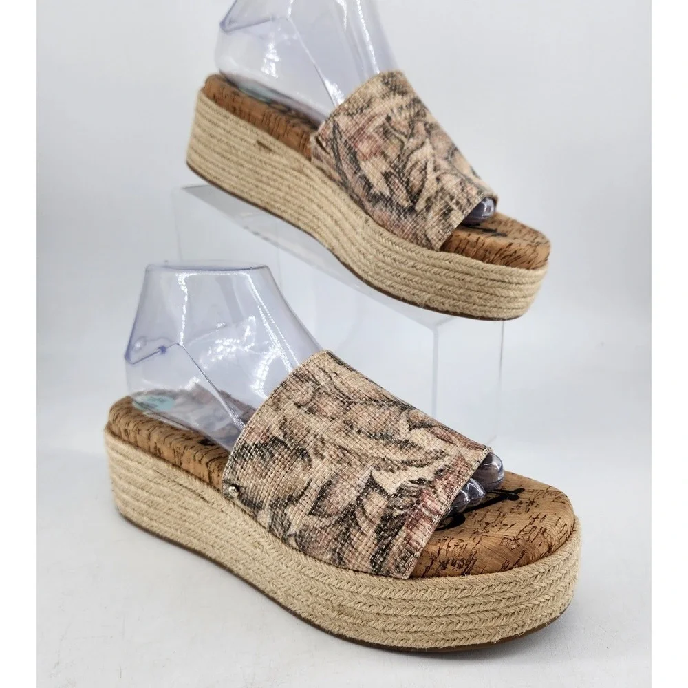 Sam Edelman Platform Espadrille Slide Sandals Womens 8.5 Tan Palm Tree Print